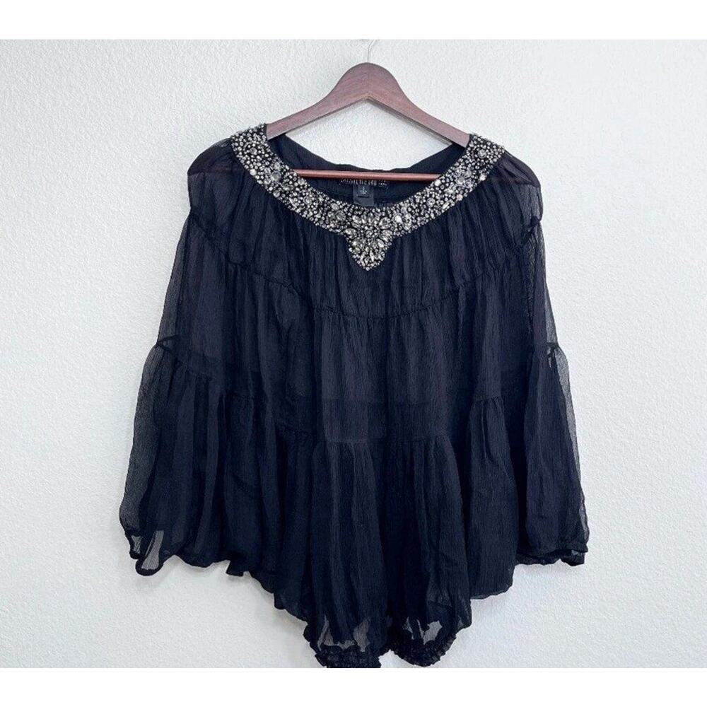 Lafayette 148 Sheer Rhinestone Top Size‎ Large Women's Black 100% Silk $395